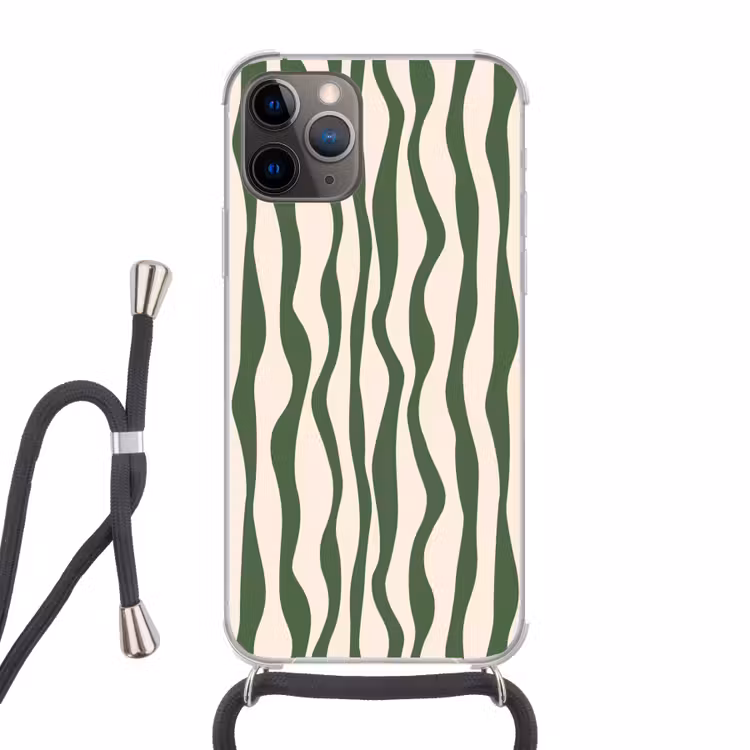 Golvende lijnen - Beige - Groen - Strepen - Abstract Hoesje iPhone 12 Pro met koord klein -3d