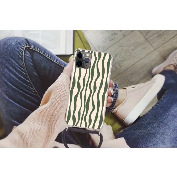 Golvende lijnen - Beige - Groen - Strepen - Abstract Hoesje iPhone 12 Pro met koord klein -hand