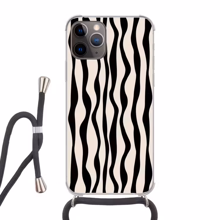 Golvende lijnen - Beige - Zwart - Abstract Hoesje iPhone 12 Pro met koord klein -3d