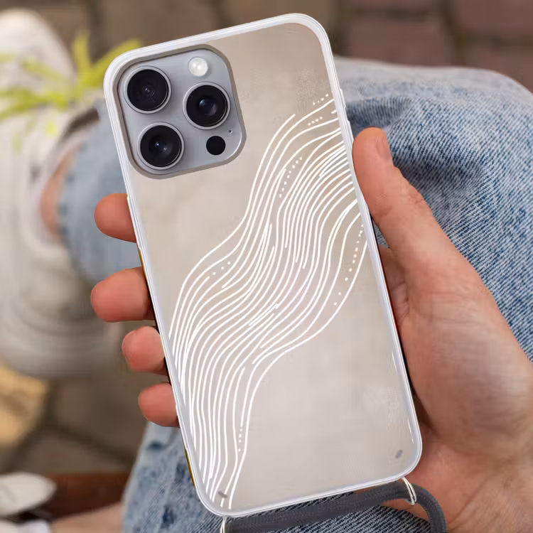 Golvende lijnen - Vloeiend - Zandkleurig Hoesje iPhone 16 Pro Max met koord klein -sfeer3