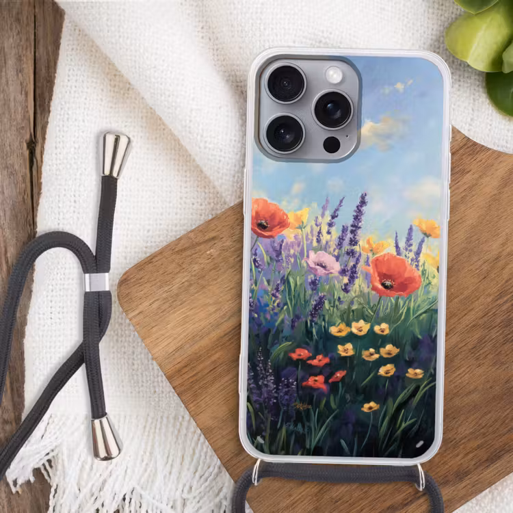 Weide - Bloemen - Kleurrijk Hoesje iPhone 16 Pro Max met koord klein -sfeer4
