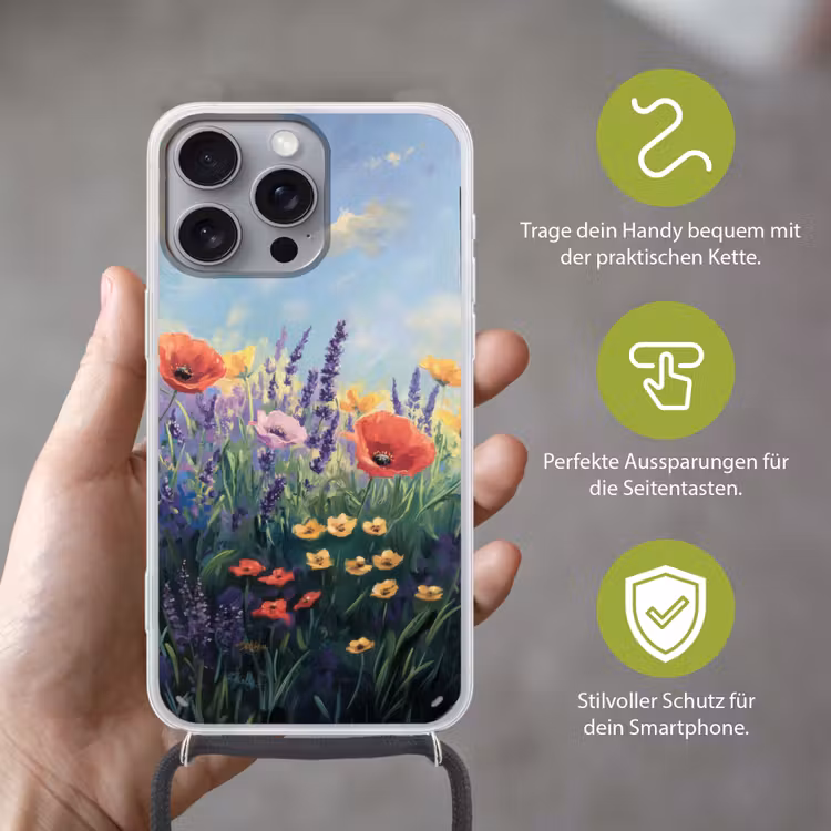Weide - Bloemen - Kleurrijk Hoesje iPhone 16 Pro Max met koord klein -sfeer2_DE