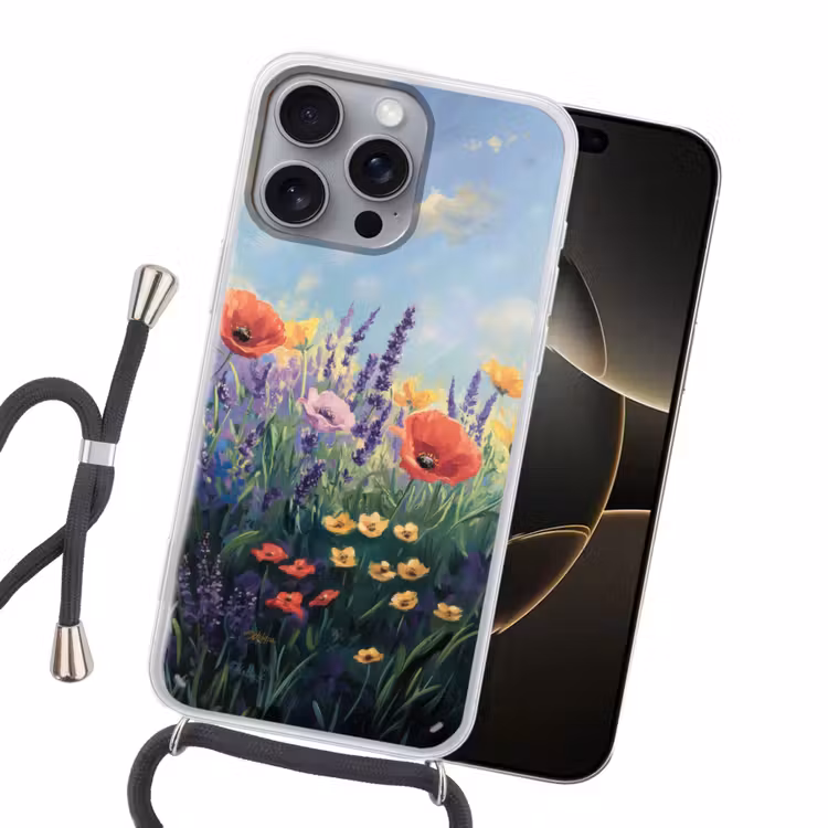 Weide - Bloemen - Kleurrijk Hoesje iPhone 16 Pro Max met koord klein -sfeer1