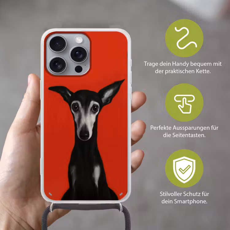 Windhond - Minimalistisch - Rood Hoesje iPhone 16 Pro Max met koord klein -sfeer2_DE