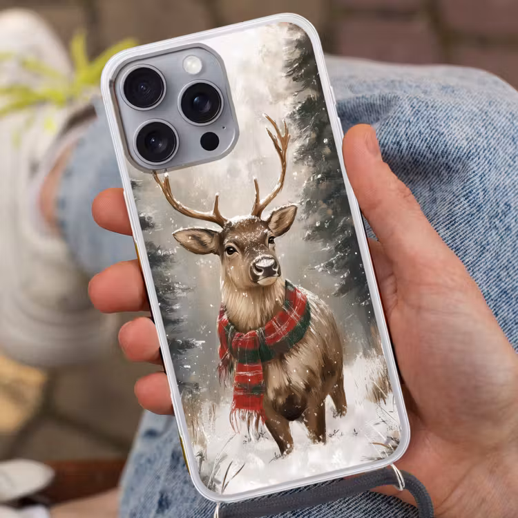 Winter - Bos - Rendier - Donker Hoesje iPhone 16 Pro Max met koord klein -sfeer3
