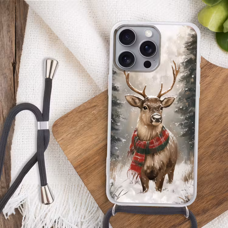 Winter - Bos - Rendier - Donker Hoesje iPhone 16 Pro Max met koord klein -sfeer4