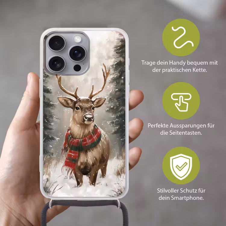 Winter - Bos - Rendier - Donker Hoesje iPhone 16 Pro Max met koord klein -sfeer2_DE