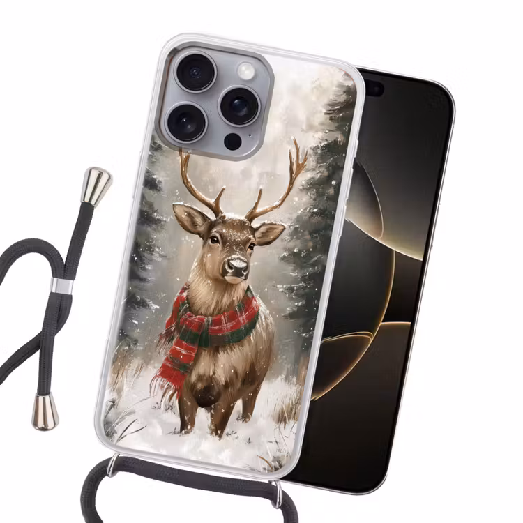 Winter - Bos - Rendier - Donker Hoesje iPhone 16 Pro Max met koord klein -sfeer1