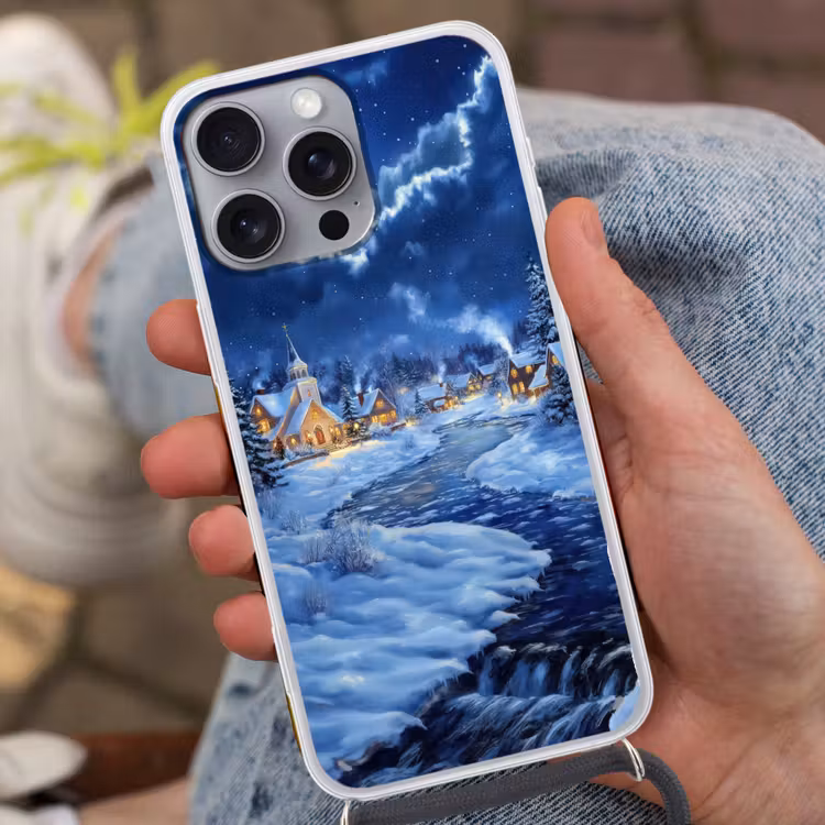 Winteravond - Kerstdorp - Donker Hoesje iPhone 16 Pro Max met koord klein -sfeer3