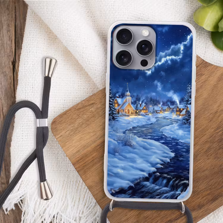 Winteravond - Kerstdorp - Donker Hoesje iPhone 16 Pro Max met koord klein -sfeer4