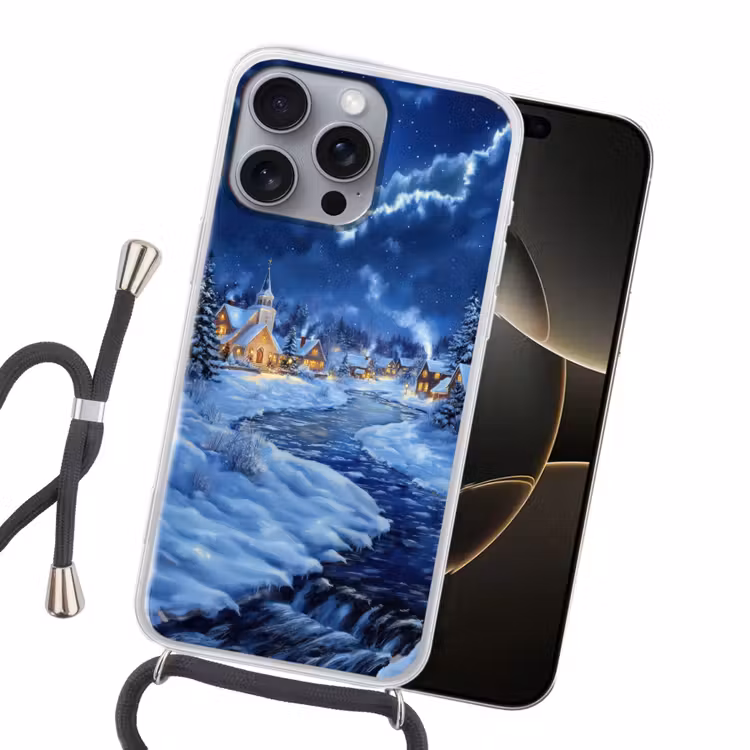 Winteravond - Kerstdorp - Donker Hoesje iPhone 16 Pro Max met koord klein -sfeer1