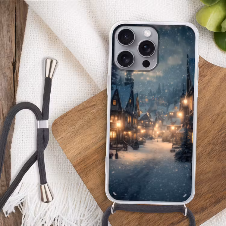 Winterdorp - Sneeuw - Donker Hoesje iPhone 16 Pro Max met koord klein -sfeer4