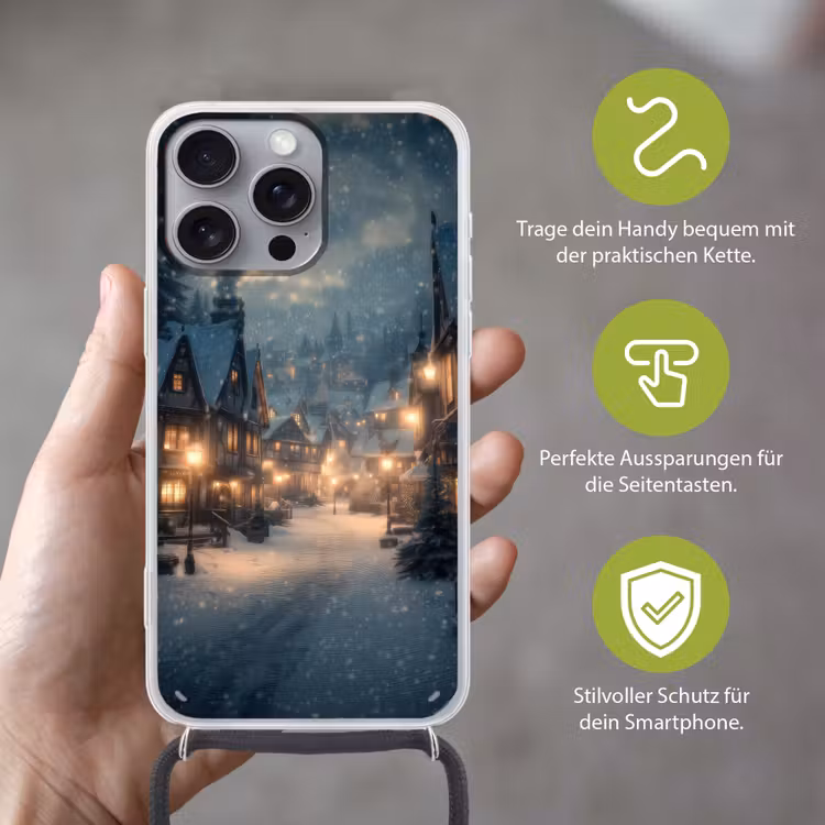 Winterdorp - Sneeuw - Donker Hoesje iPhone 16 Pro Max met koord klein -sfeer2_DE
