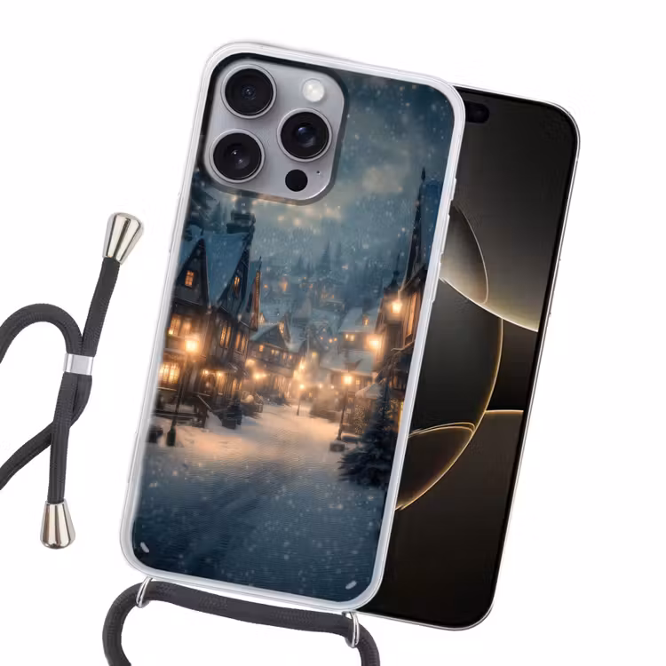 Winterdorp - Sneeuw - Donker Hoesje iPhone 16 Pro Max met koord klein -sfeer1