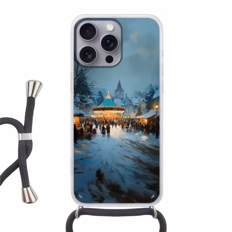 Winterkermis - Dorp - Kleurrijk Hoesje iPhone 16 Pro Max met koord klein -3d