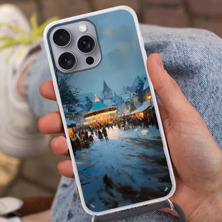Winterkermis - Dorp - Kleurrijk Hoesje iPhone 16 Pro Max met koord klein -sfeer3