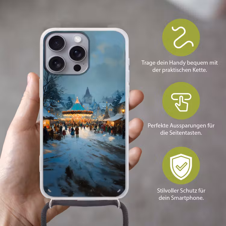 Winterkermis - Dorp - Kleurrijk Hoesje iPhone 16 Pro Max met koord klein -sfeer2_DE