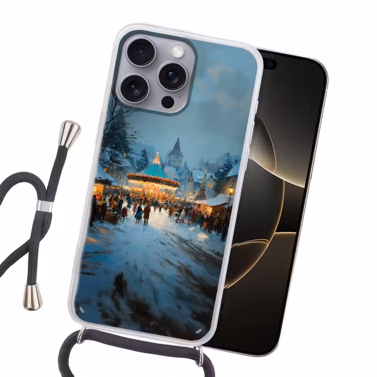 Winterkermis - Dorp - Kleurrijk Hoesje iPhone 16 Pro Max met koord klein -sfeer1