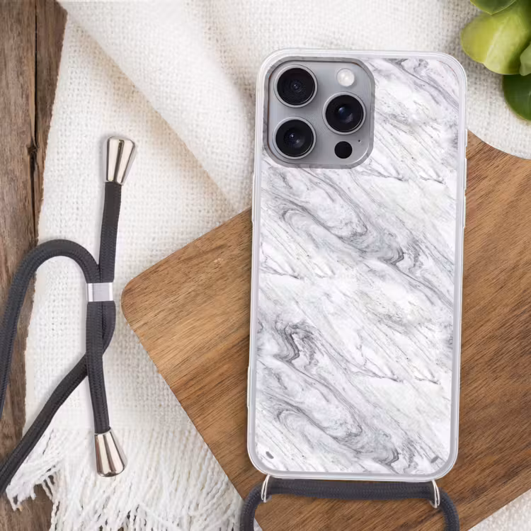 Wervelende - Grijsstructuur - Marmer - Wit Hoesje iPhone 16 Pro Max met koord klein 804 -sfeer4