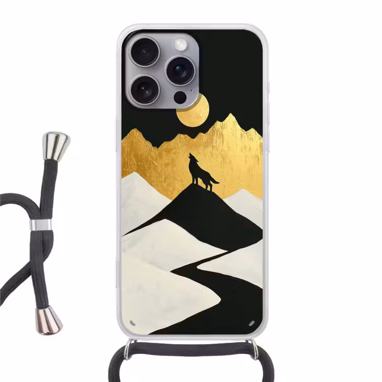 Wolf - Bergen - Maan - Zwart Hoesje iPhone 16 Pro Max met koord klein -3d