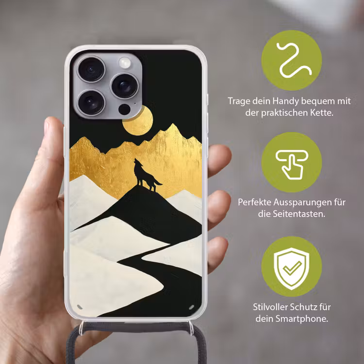 Wolf - Bergen - Maan - Zwart Hoesje iPhone 16 Pro Max met koord klein -sfeer2_DE