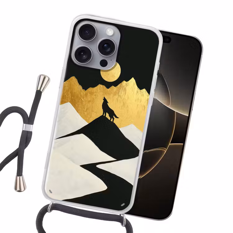 Wolf - Bergen - Maan - Zwart Hoesje iPhone 16 Pro Max met koord klein -sfeer1