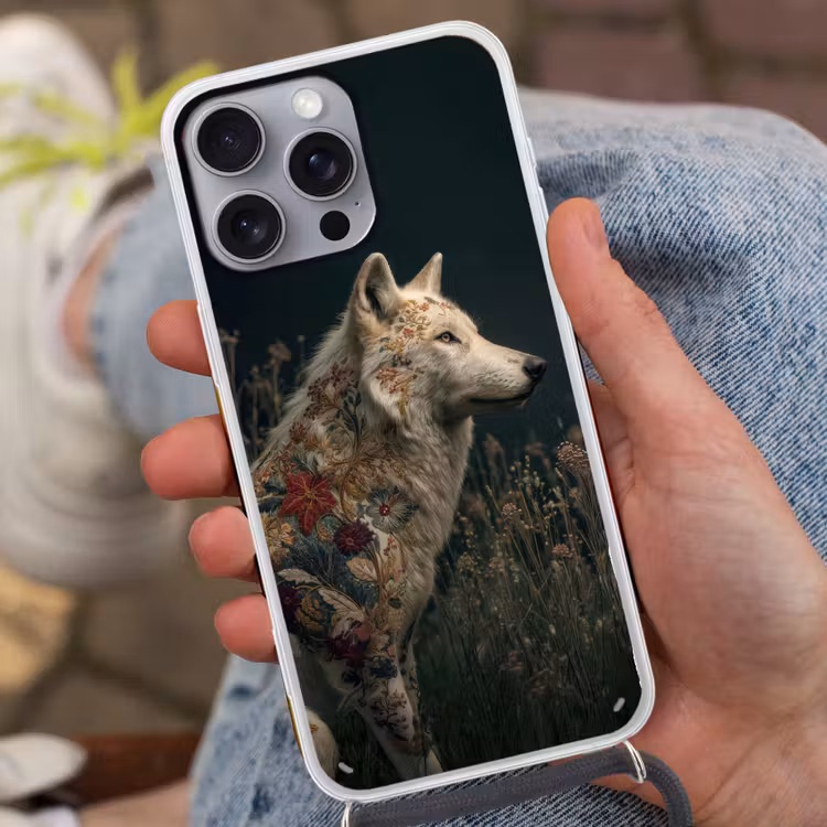 Wolf - Bloemen - Natuur Hoesje iPhone 16 Pro Max met koord klein -sfeer3