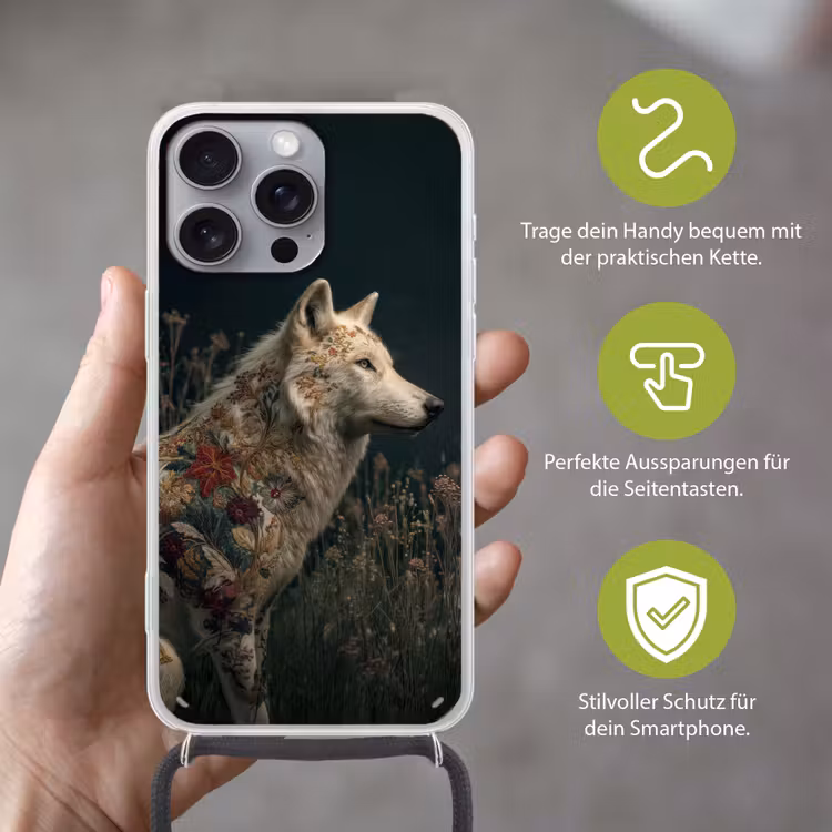 Wolf - Bloemen - Natuur Hoesje iPhone 16 Pro Max met koord klein -sfeer2_DE