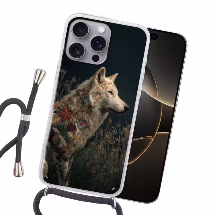 Wolf - Bloemen - Natuur Hoesje iPhone 16 Pro Max met koord klein -sfeer1