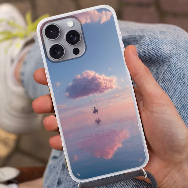 Wolk - Schommel - Kleurrijke lucht Hoesje iPhone 16 Pro Max met koord klein -sfeer3