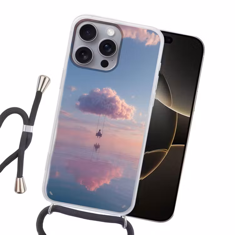 Wolk - Schommel - Kleurrijke lucht Hoesje iPhone 16 Pro Max met koord klein -sfeer1