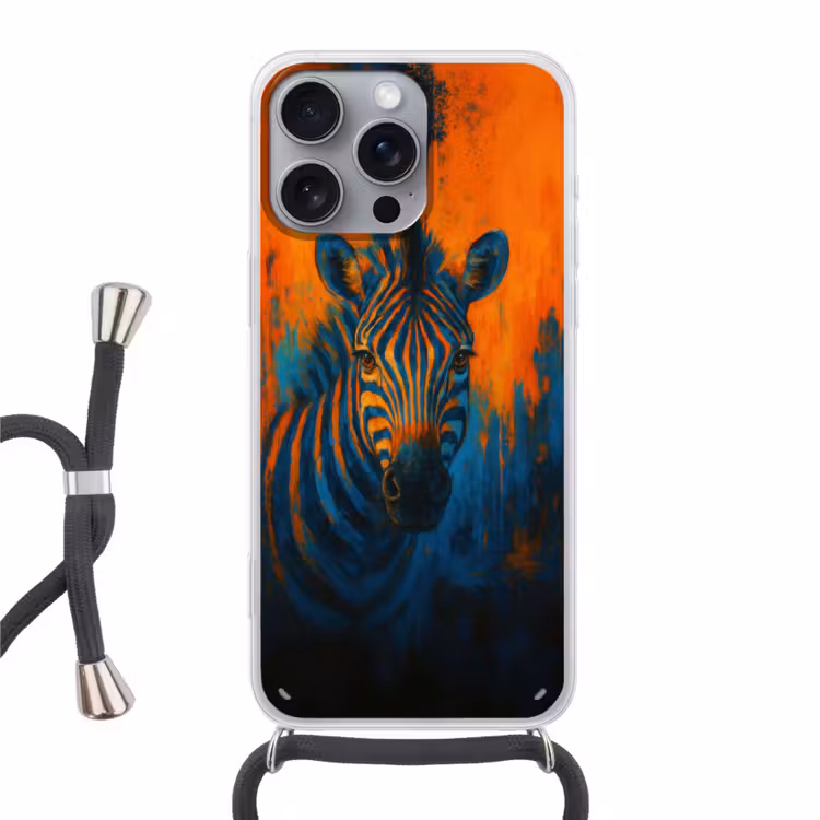 Zebra - Abstract - Blauw Hoesje iPhone 16 Pro Max met koord klein -3d