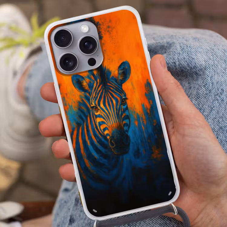 Zebra - Abstract - Blauw Hoesje iPhone 16 Pro Max met koord klein -sfeer3