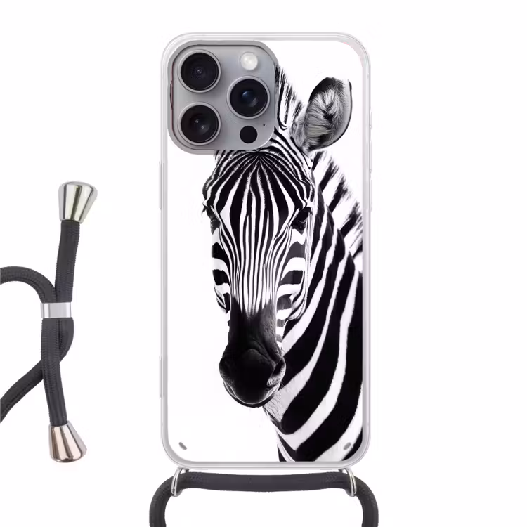 Zebra - Close-up - Zwart - Strepen Hoesje iPhone 16 Pro Max met koord klein -3d
