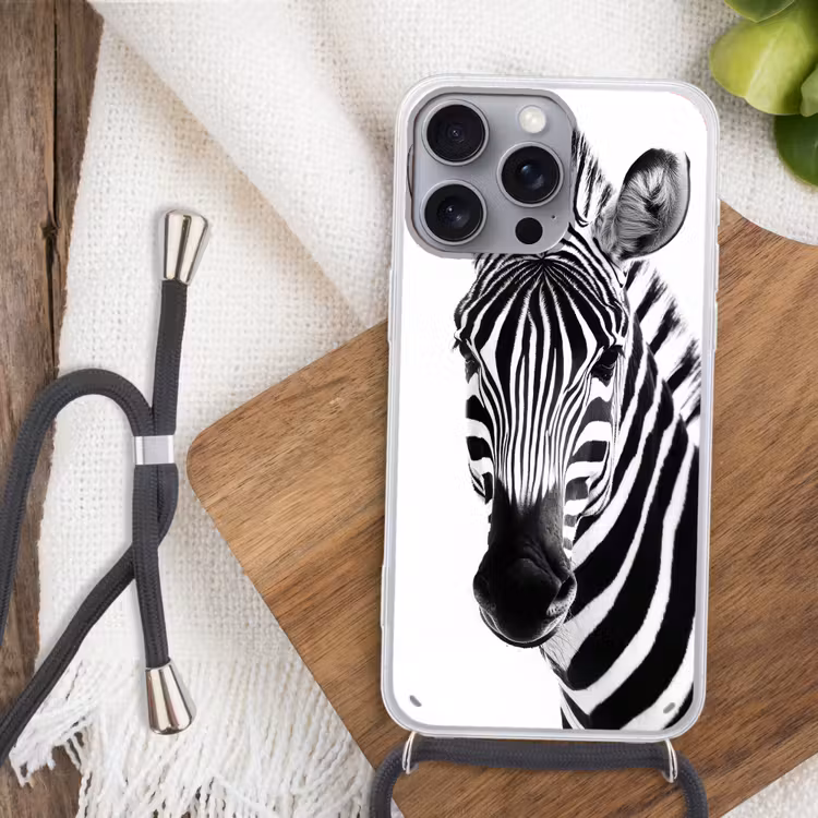 Zebra - Close-up - Zwart - Strepen Hoesje iPhone 16 Pro Max met koord klein -sfeer4