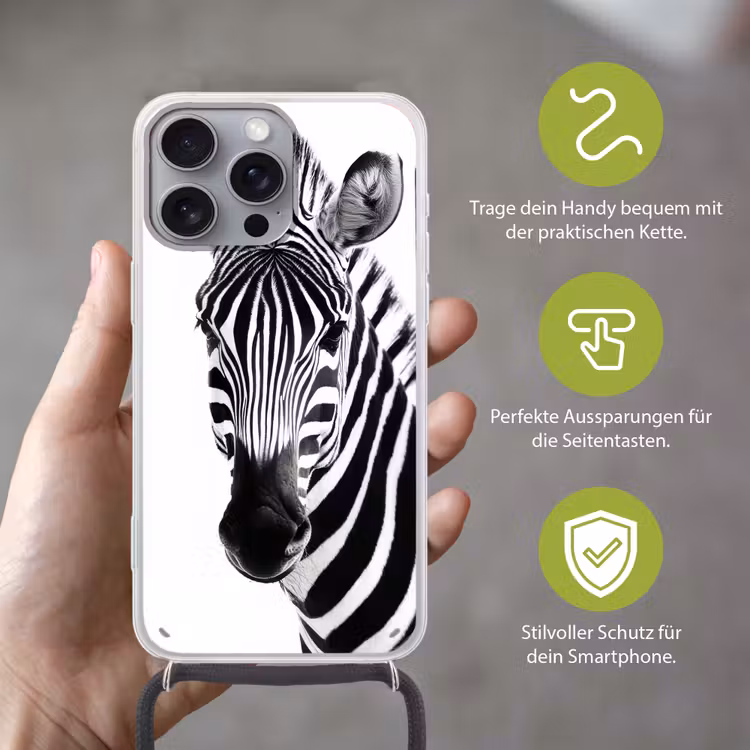 Zebra - Close-up - Zwart - Strepen Hoesje iPhone 16 Pro Max met koord klein -sfeer2_DE
