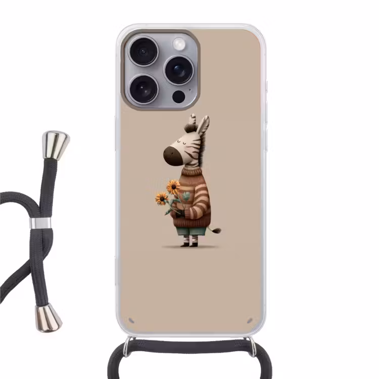 Zebra - Zonnebloemen - Warm Hoesje iPhone 16 Pro Max met koord klein -3d