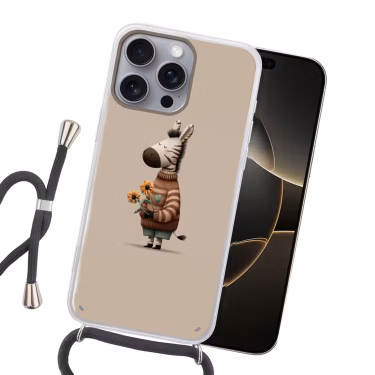 Zebra - Zonnebloemen - Warm Hoesje iPhone 16 Pro Max met koord klein -sfeer1