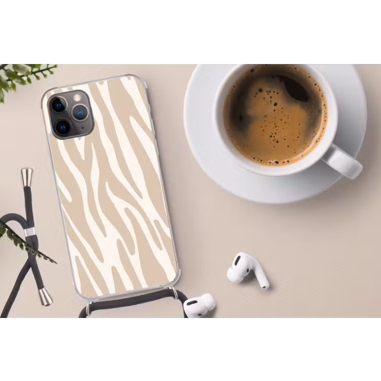 Zebraprint - Beige - Wit - Dierenprint Hoesje iPhone 12 Pro met koord klein -oordop