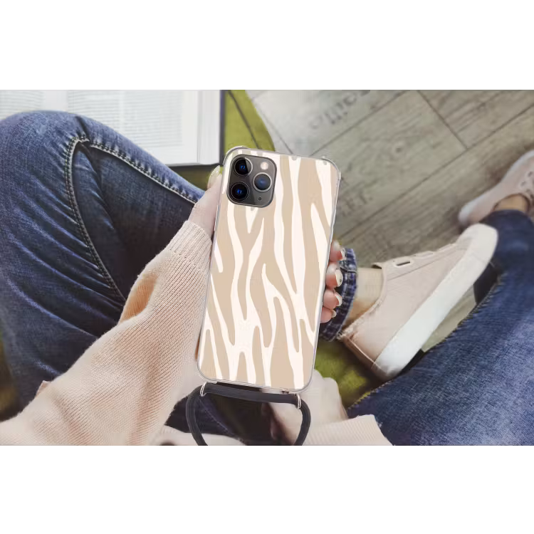 Zebraprint - Beige - Wit - Dierenprint Hoesje iPhone 12 Pro met koord klein -hand