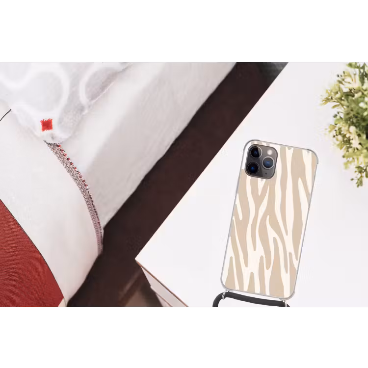 Zebraprint - Beige - Wit - Dierenprint Hoesje iPhone 12 Pro met koord klein -kamer
