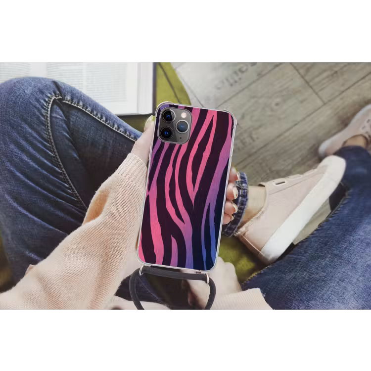 Zebraprint - Roze - Paars - Dierenprint Hoesje iPhone 12 Pro met koord klein -hand
