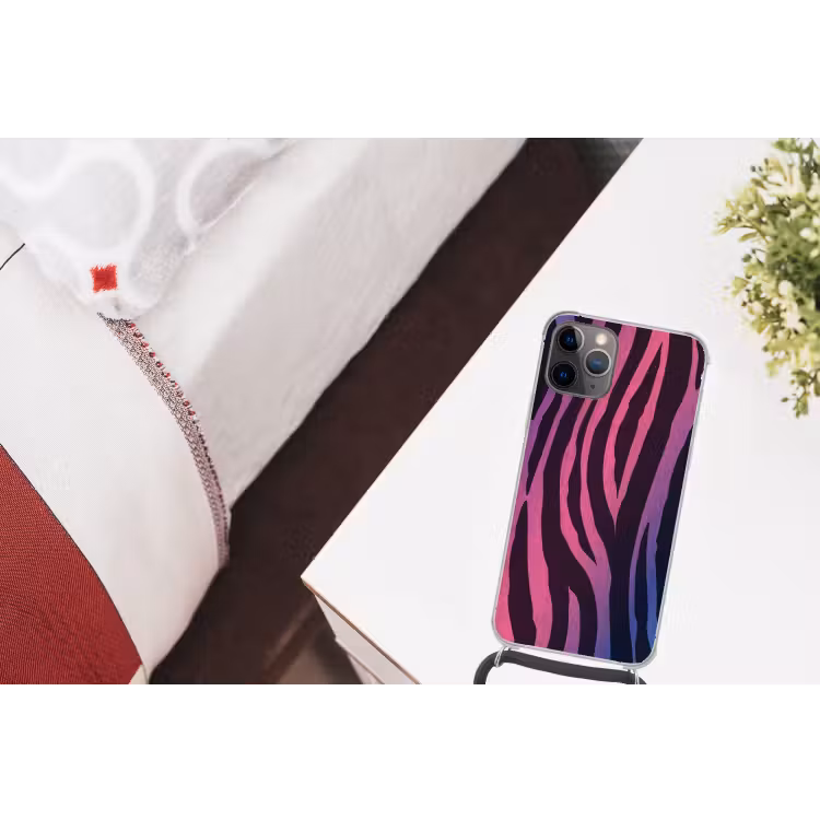 Zebraprint - Roze - Paars - Dierenprint Hoesje iPhone 12 Pro met koord klein -kamer