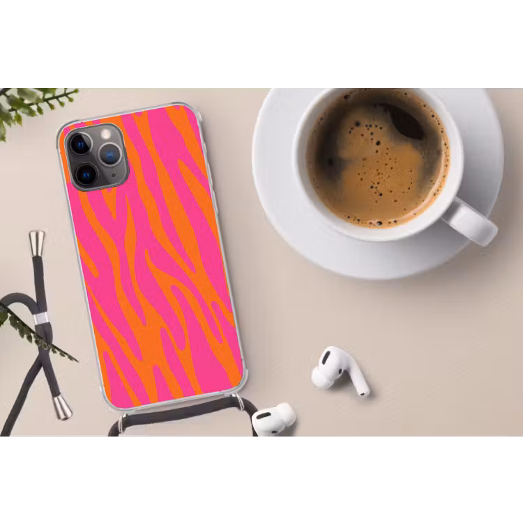 Zebraprint - Roze - Oranje - Dierenprint Hoesje iPhone 12 Pro met koord klein -oordop