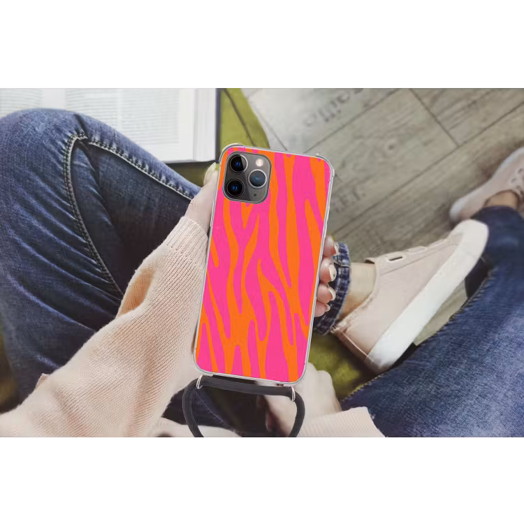 Zebraprint - Roze - Oranje - Dierenprint Hoesje iPhone 12 Pro met koord klein -hand