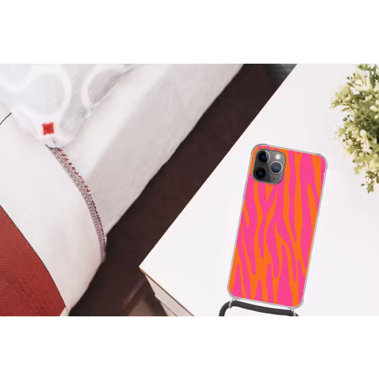 Zebraprint - Roze - Oranje - Dierenprint Hoesje iPhone 12 Pro met koord klein -kamer