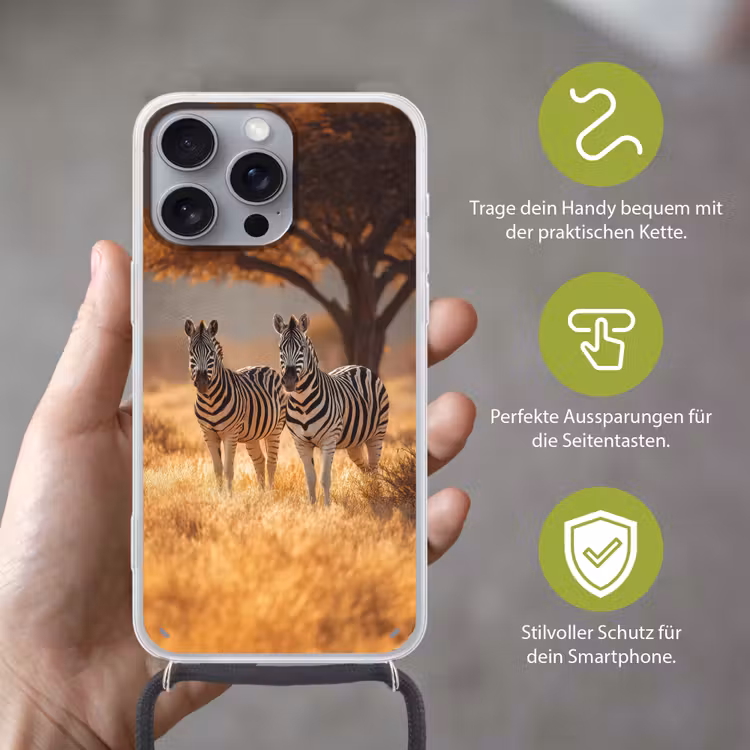 Zebra's - Savannelandschap - Gras Hoesje iPhone 16 Pro Max met koord klein -sfeer2_DE
