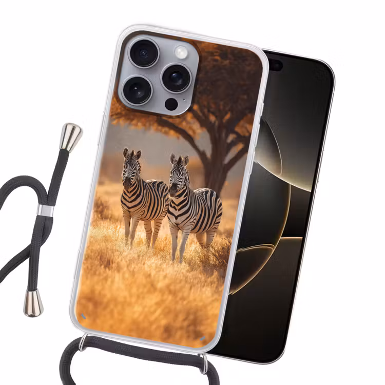 Zebra's - Savannelandschap - Gras Hoesje iPhone 16 Pro Max met koord klein -sfeer1