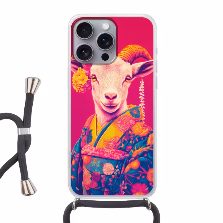 Geit - Hoorns - Kimono - Kleurrijk Hoesje iPhone 16 Pro Max met koord klein -3d