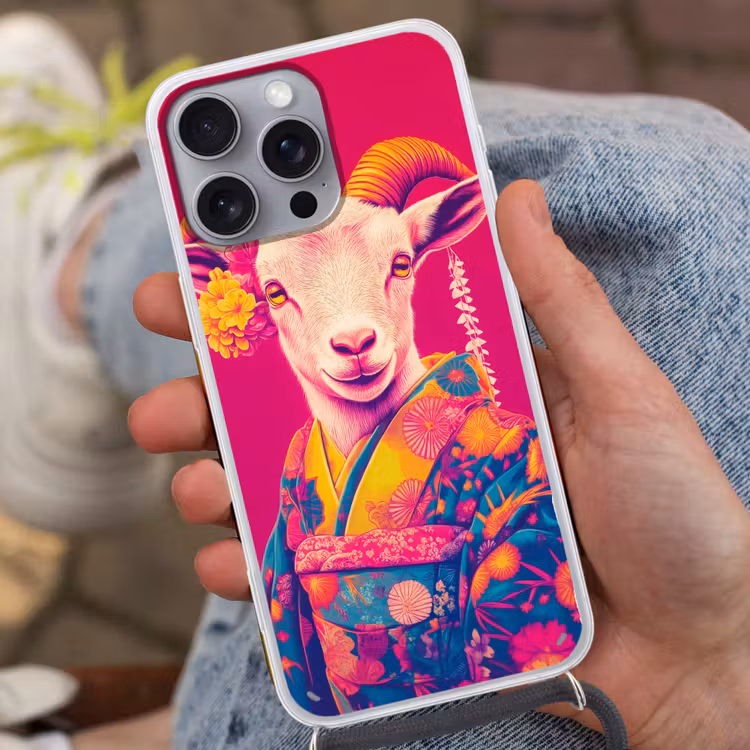 Geit - Hoorns - Kimono - Kleurrijk Hoesje iPhone 16 Pro Max met koord klein -sfeer3